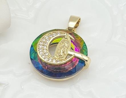 Dije Redondo Cristal con Luna y Guadalupe